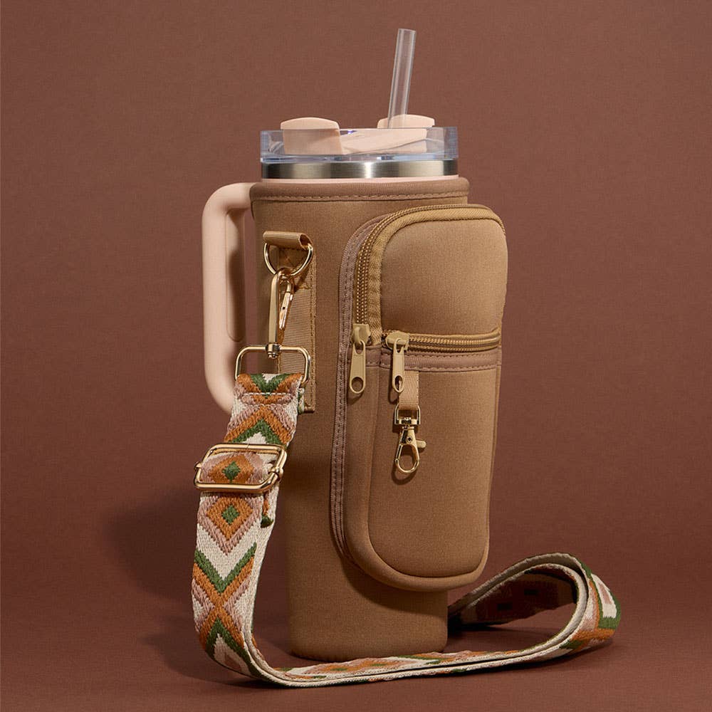 Plain Tumbler Carrier Holder Aztec Pattern Strap Crossbody Bag