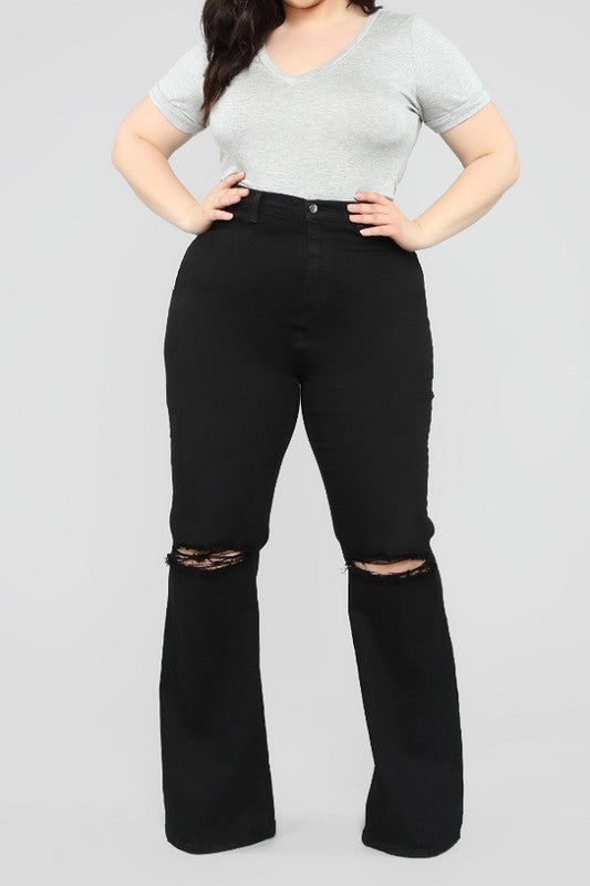 Plus Size-high Rise Black Flare Jeans