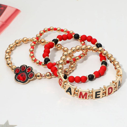 4PCS - GAME DAY Message Paw Charm Beaded Stretch Multi Layered Bracelets