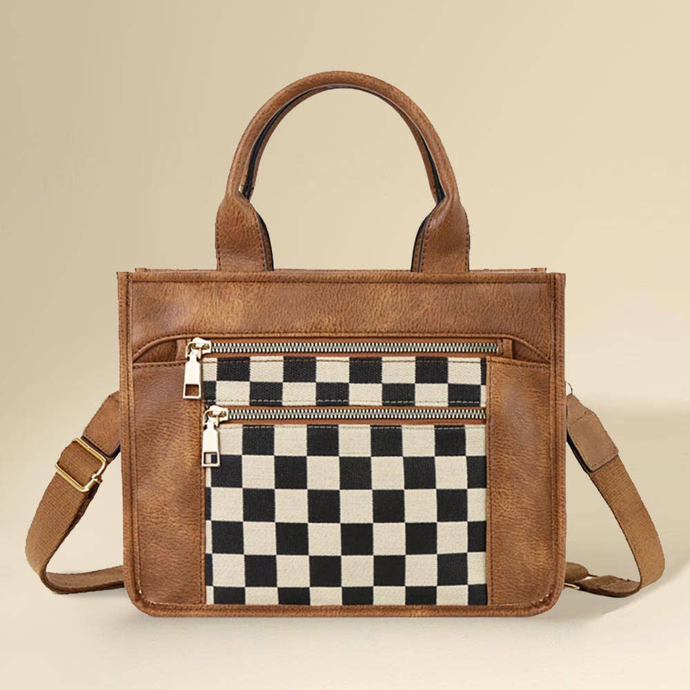Faux Leather Checkered Front Pocket Top Handle Crossbody Bag