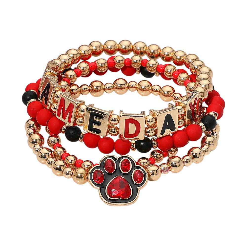 4PCS - GAME DAY Message Paw Charm Beaded Stretch Multi Layered Bracelets