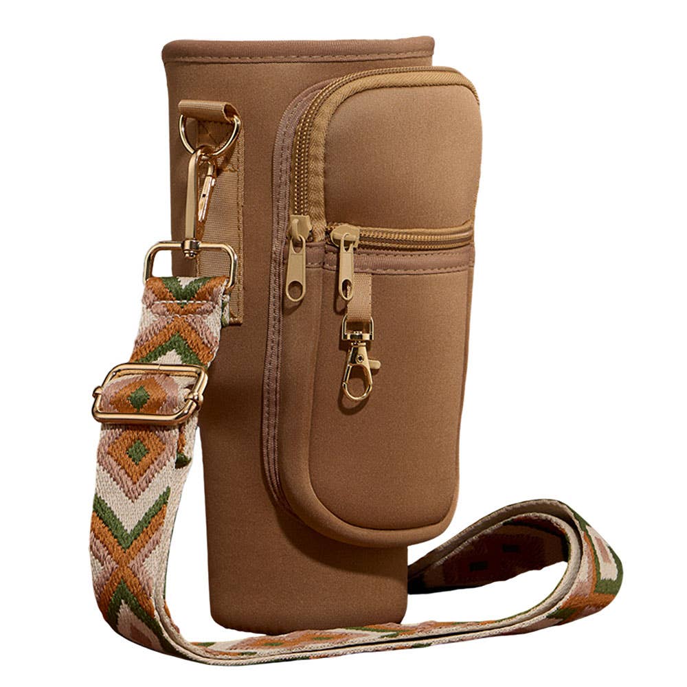 Plain Tumbler Carrier Holder Aztec Pattern Strap Crossbody Bag