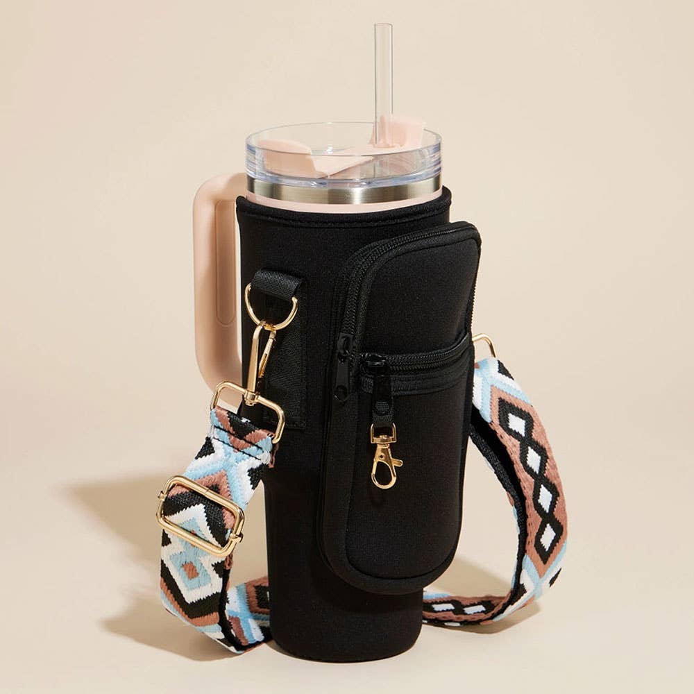 Plain Tumbler Carrier Holder Aztec Pattern Strap Crossbody Bag