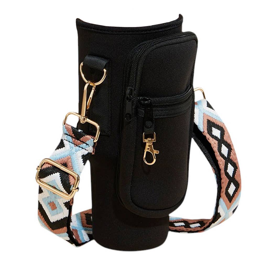 Plain Tumbler Carrier Holder Aztec Pattern Strap Crossbody Bag