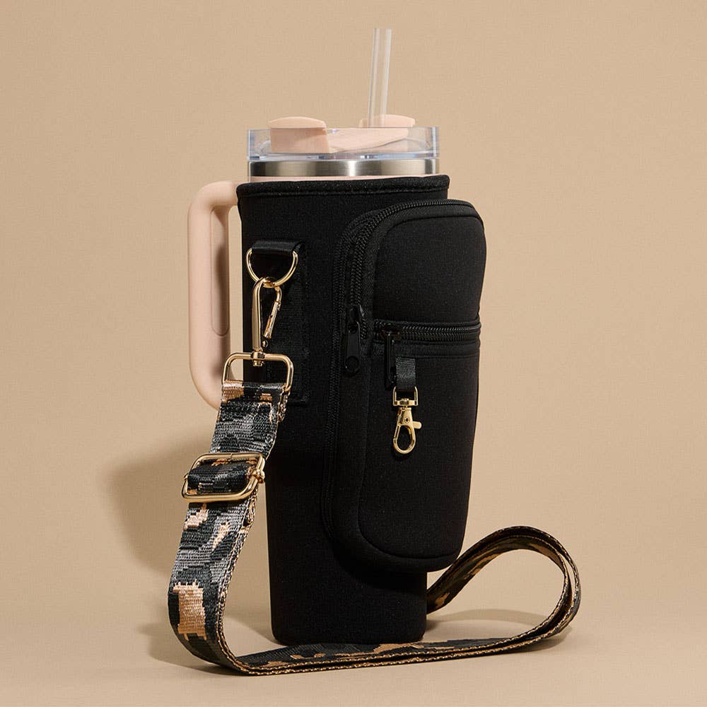 Plain Tumbler Carrier Holder Leopard Pattern Strap Crossbody Bag