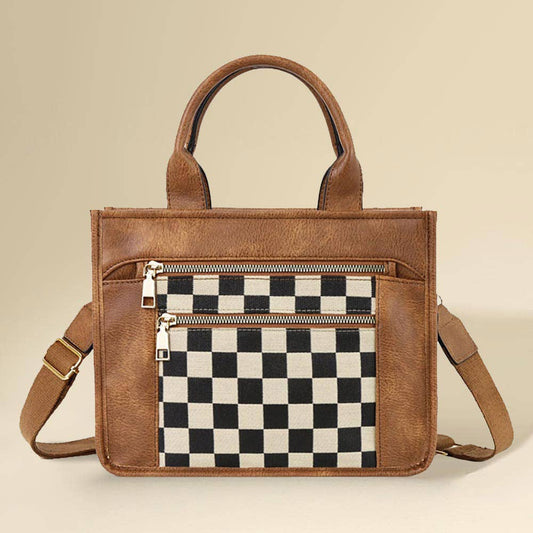 Faux Leather Checkered Front Pocket Top Handle Crossbody Bag