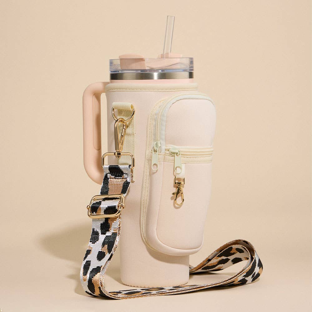 Plain Tumbler Carrier Holder Leopard Pattern Strap Crossbody Bag