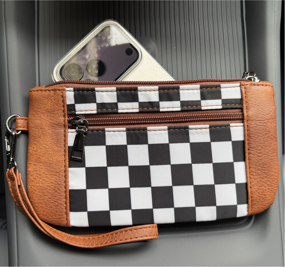 Checkered Wristlet Wallet with Detachable Strap