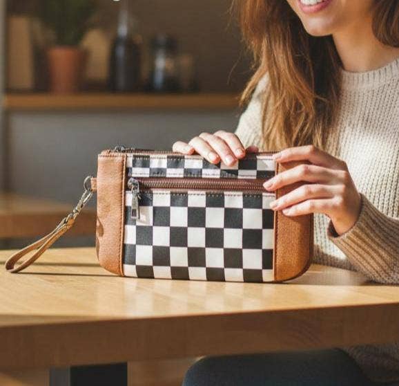 Checkered Wristlet Wallet with Detachable Strap