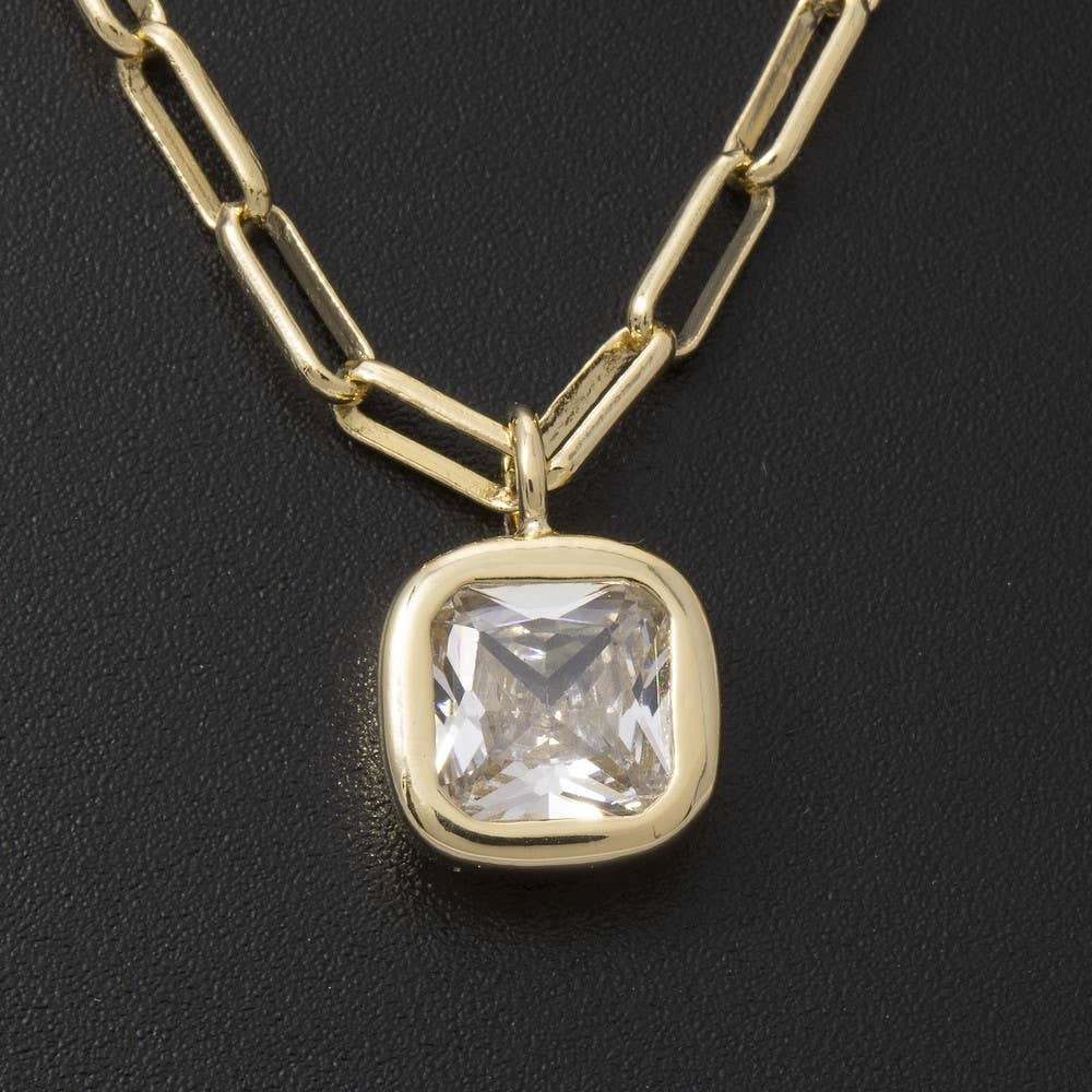Cz Cushion Cut Bezel Paperclip Necklace