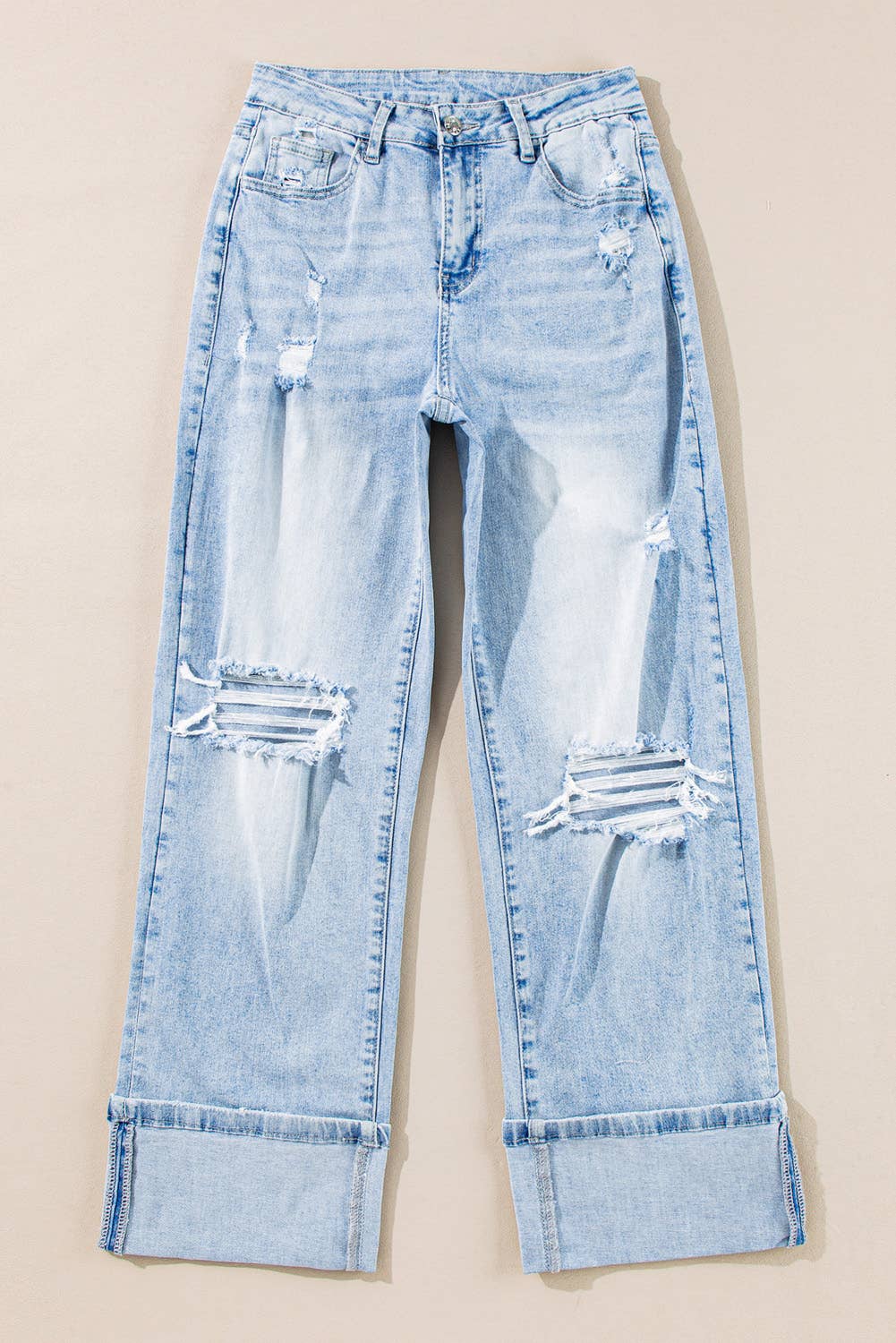 Timeless Stretchy Light Wash Distressed Flare Jeans