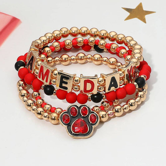 4PCS - GAME DAY Message Paw Charm Beaded Stretch Multi Layered Bracelets