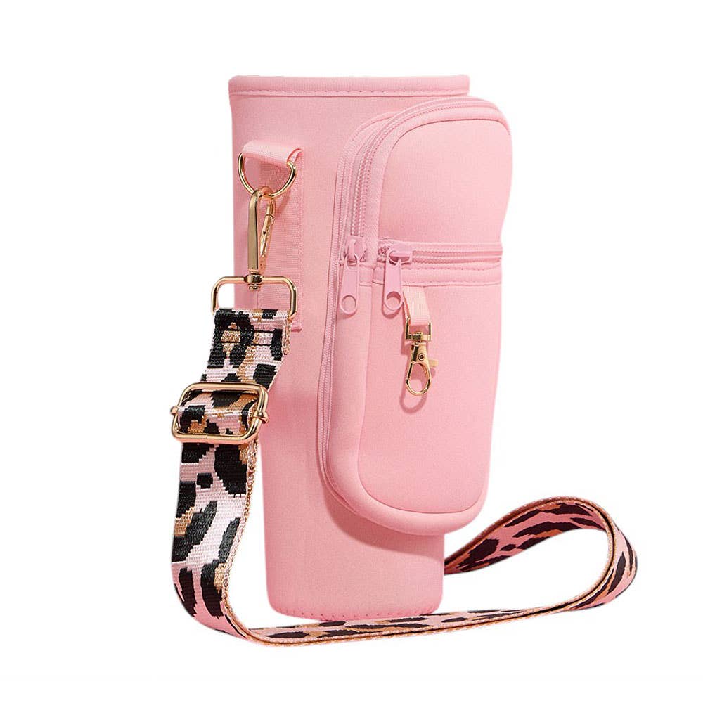 Plain Tumbler Carrier Holder Leopard Pattern Strap Crossbody Bag