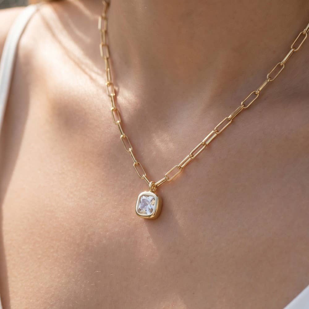 Cz Cushion Cut Bezel Paperclip Necklace