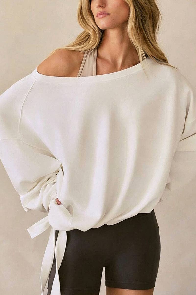 One-Shoulder Ruched Tie Side Sweatshirt
