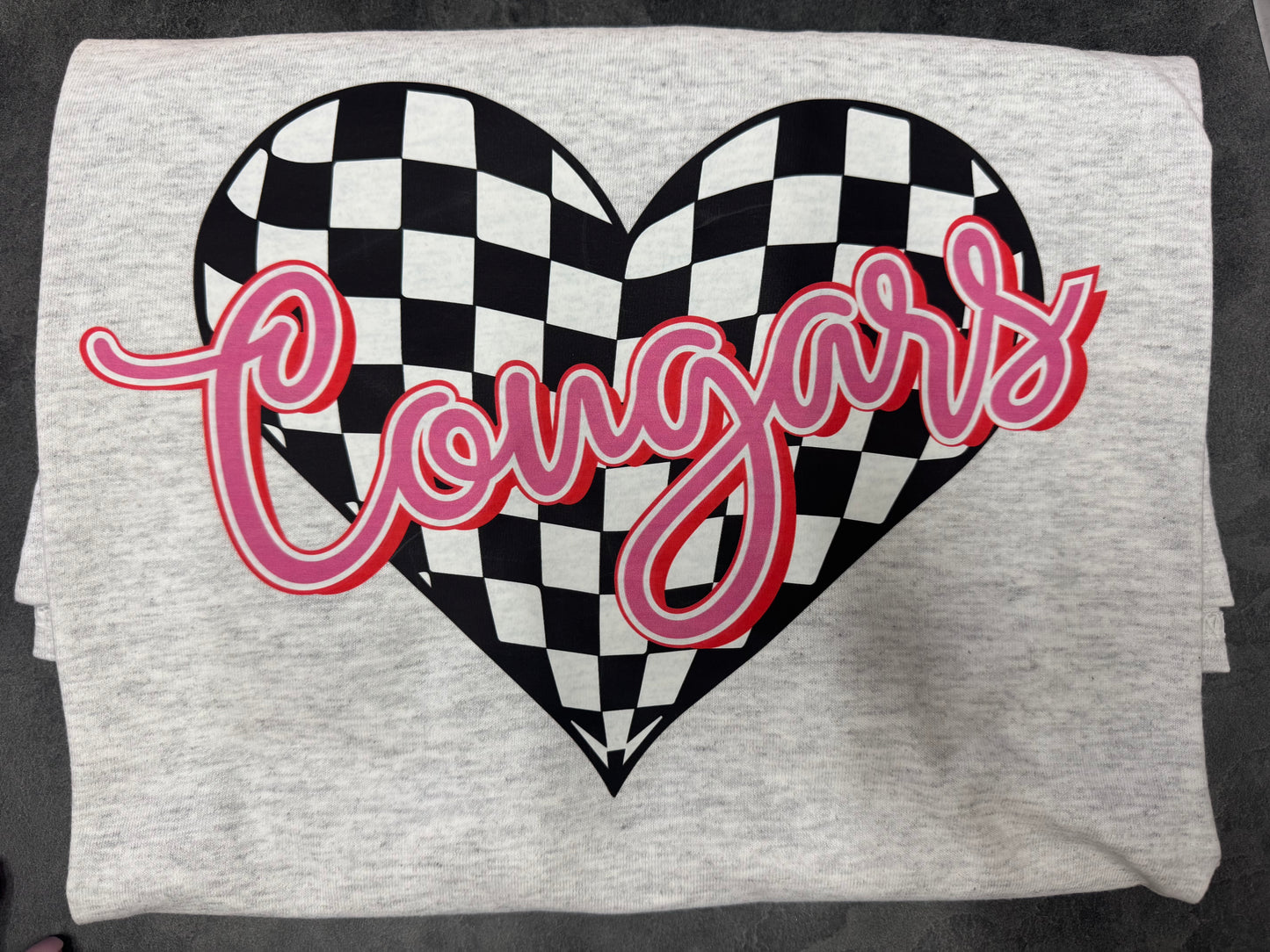 Heart Checkered 'Cougar' T-Shirt in Light Grey