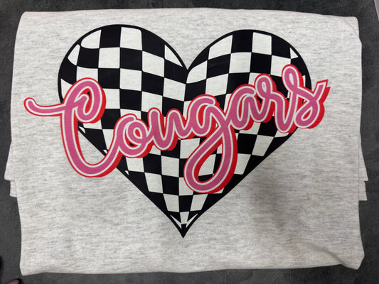 Heart Checkered 'Cougar' T-Shirt in Light Grey
