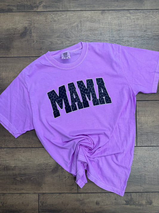 "Mama" Black Leopard & Checkered Print Tee