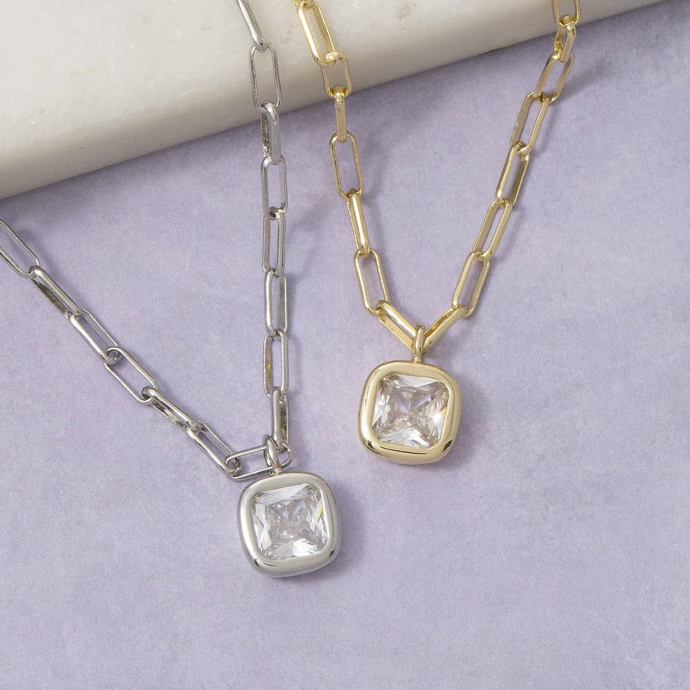 Cz Cushion Cut Bezel Paperclip Necklace