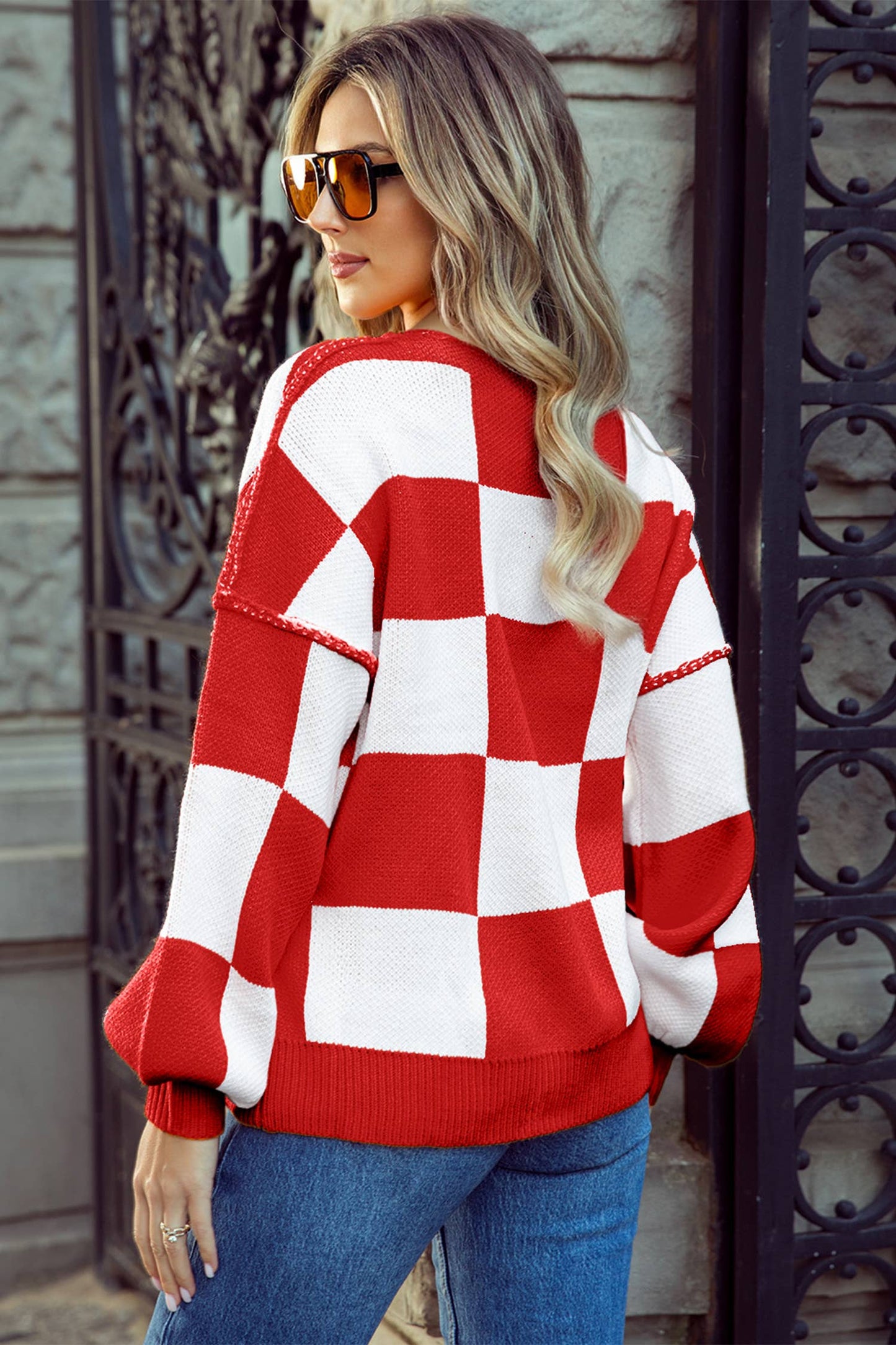 Valentine Checkered Bishop Sleeve Sweater | 2 Colors