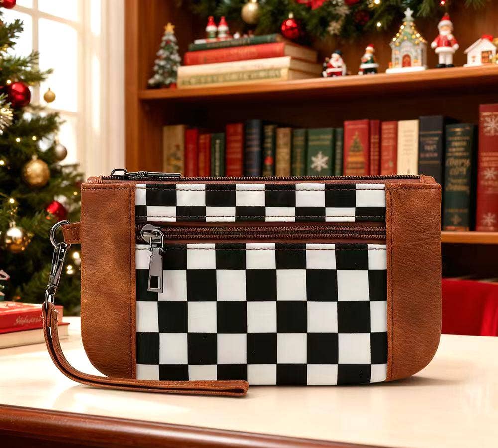 Checkered Wristlet Wallet with Detachable Strap
