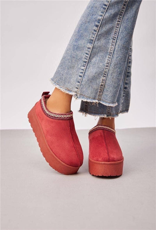Faux Fur lined Embroidered Platform Slippers Ankle Boots