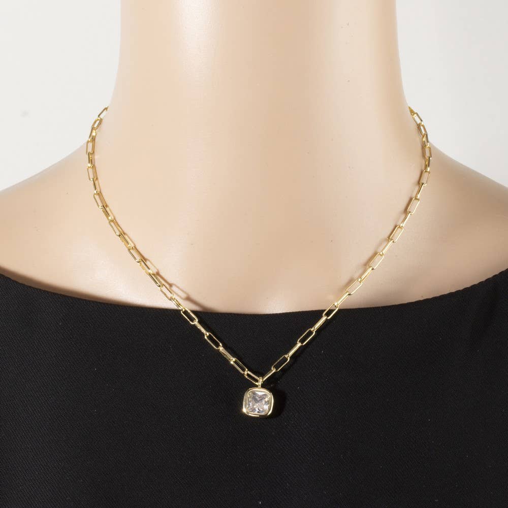 Cz Cushion Cut Bezel Paperclip Necklace