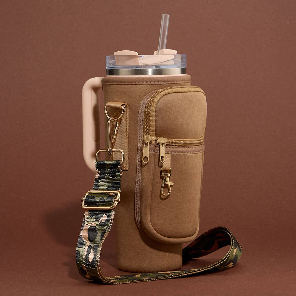 Plain Tumbler Carrier Holder Leopard Pattern Strap Crossbody Bag