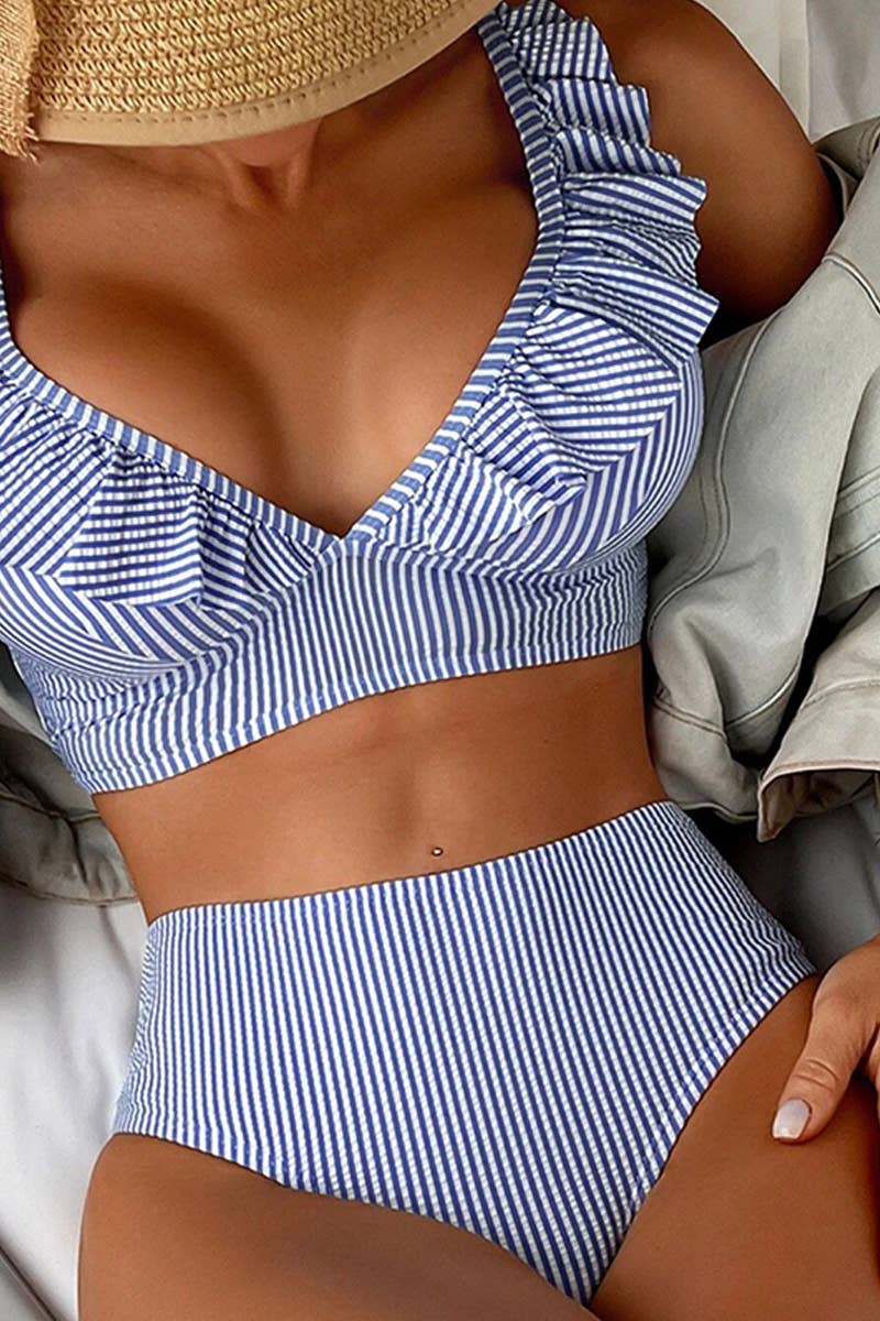 HIGH WAISTED V-NECK RUFFLED SWIMSUIT