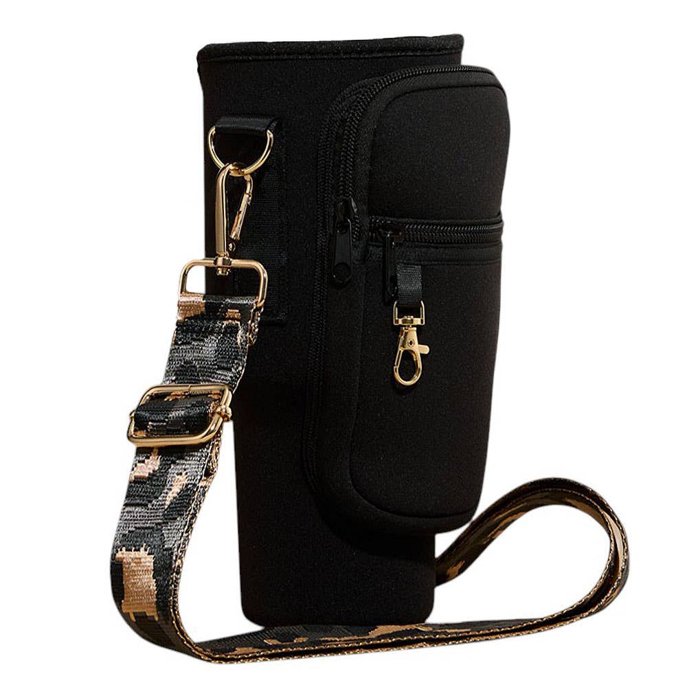 Plain Tumbler Carrier Holder Leopard Pattern Strap Crossbody Bag