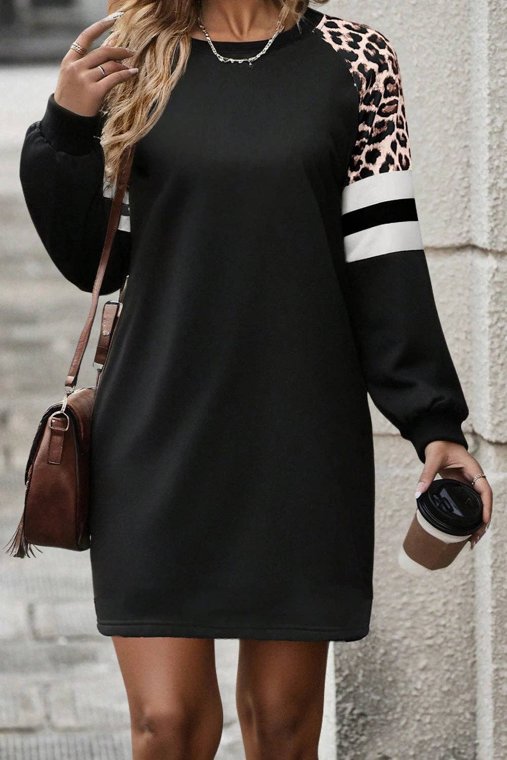 Black Leopard Print Patchwork Varsity Raglan Sleeve Sweatshirt Dress