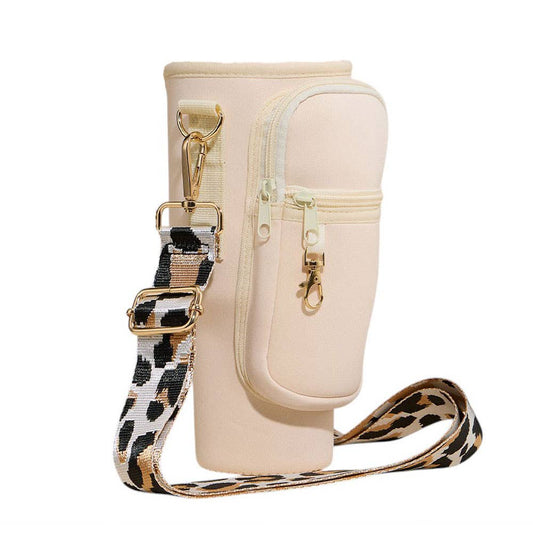 Plain Tumbler Carrier Holder Leopard Pattern Strap Crossbody Bag