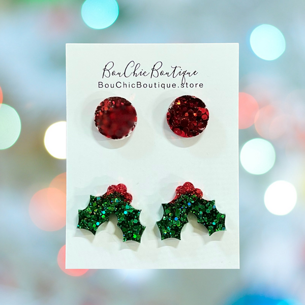 Handcrafted Glitter Stud Set - Holly
